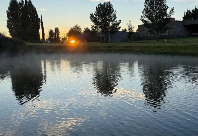 Lago al amanecer con reflejos y árboles